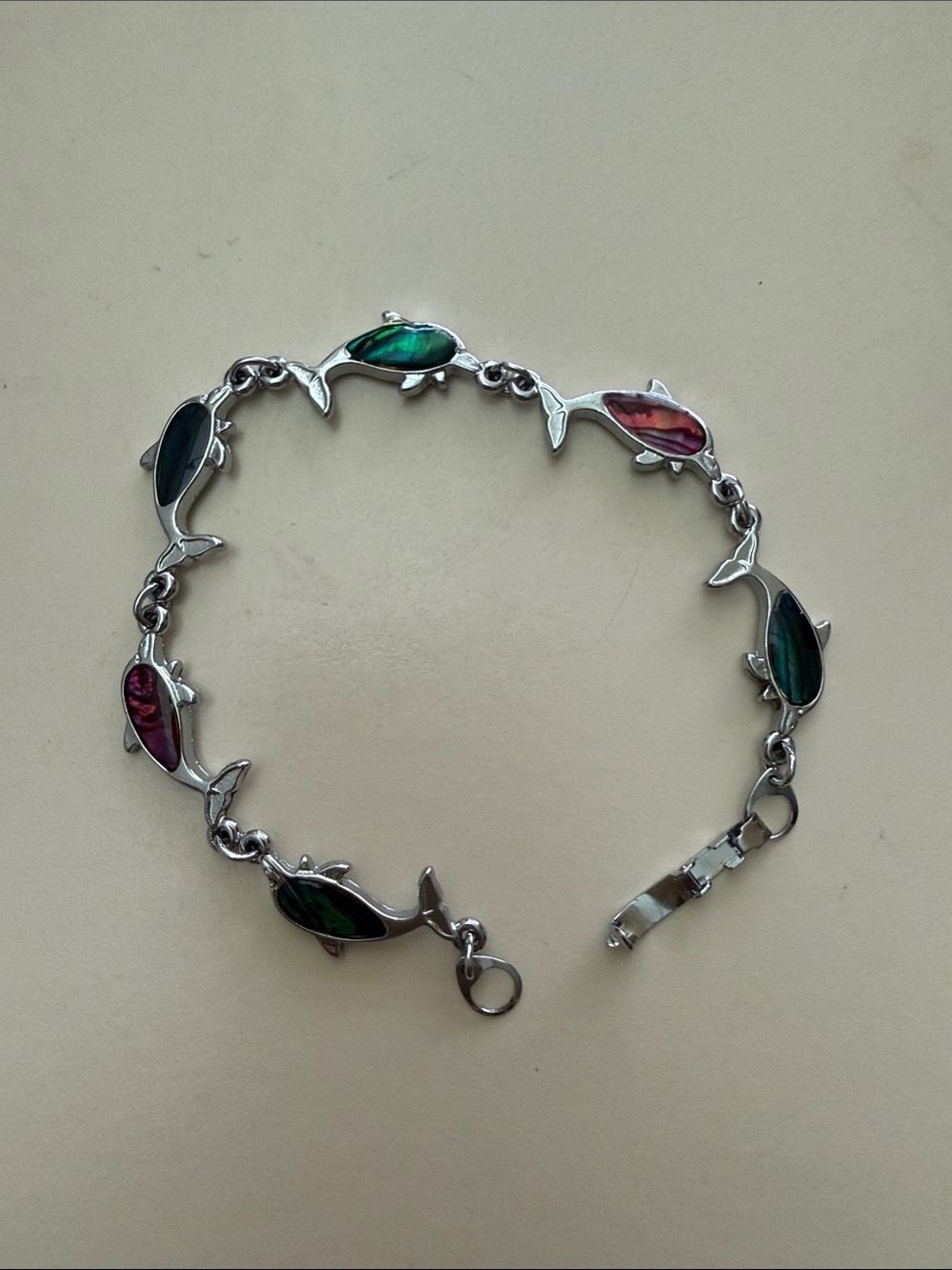 Silver Dolphin Link Bracelet with Green and Pink Shell Inlay